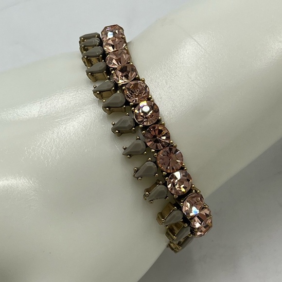 J. Crew Round Pink Crystal Tan Pear Shaped Elastic Gold Tone Stretch Bracelet - Picture 3 of 8